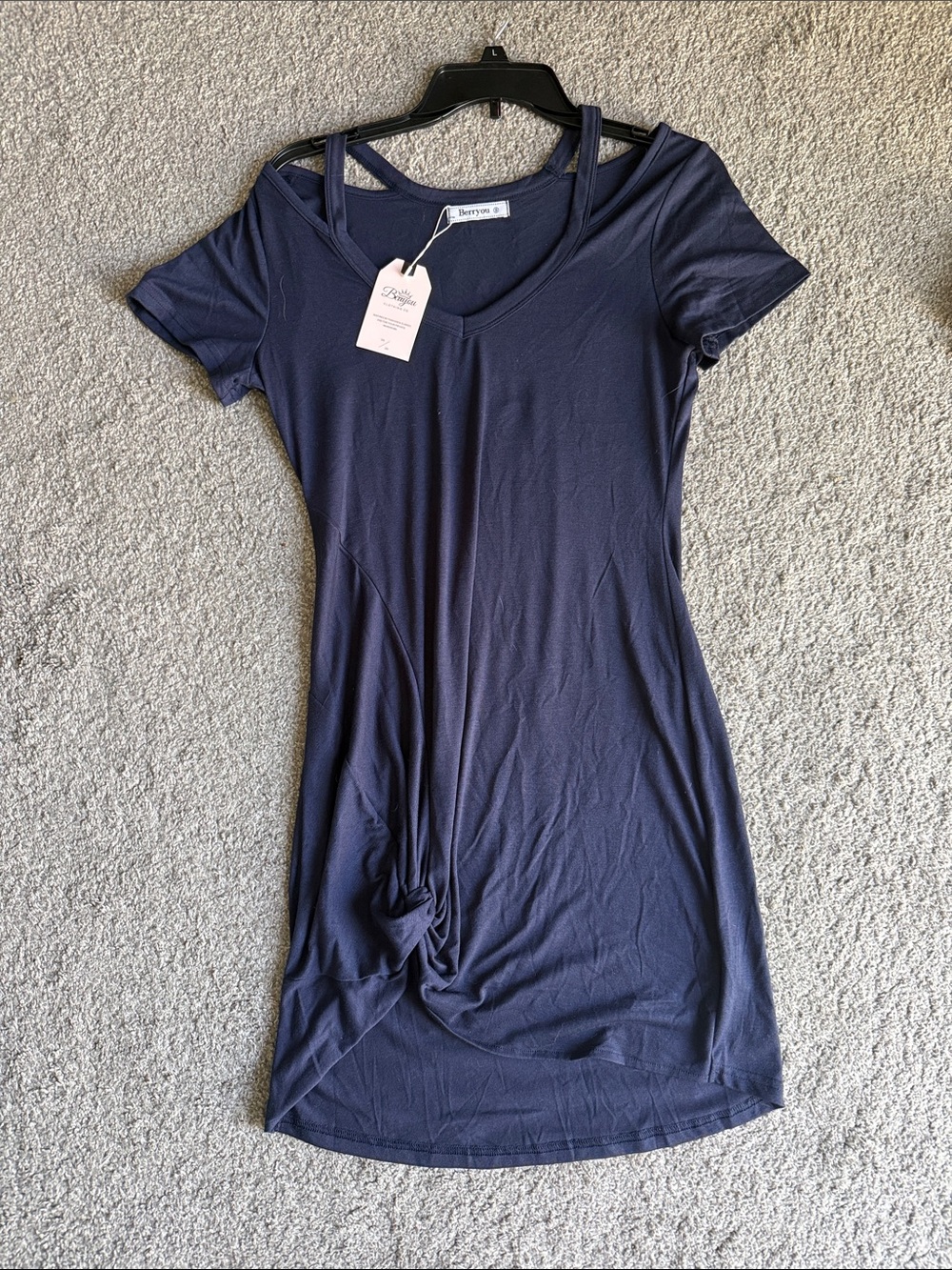 Berryou Navy Short Sleeve V-Neck Knot-Front Dress
